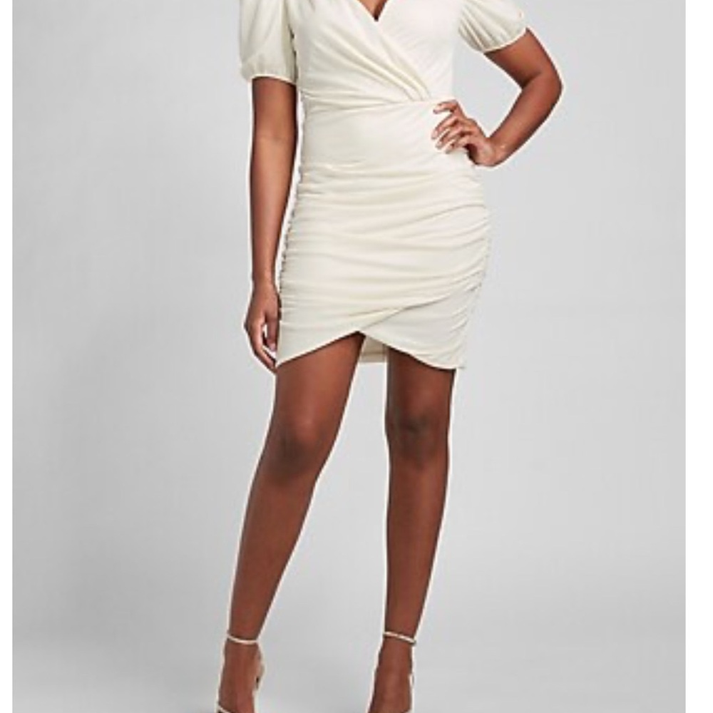 Express Cream Wrap Ruched Mini Dress